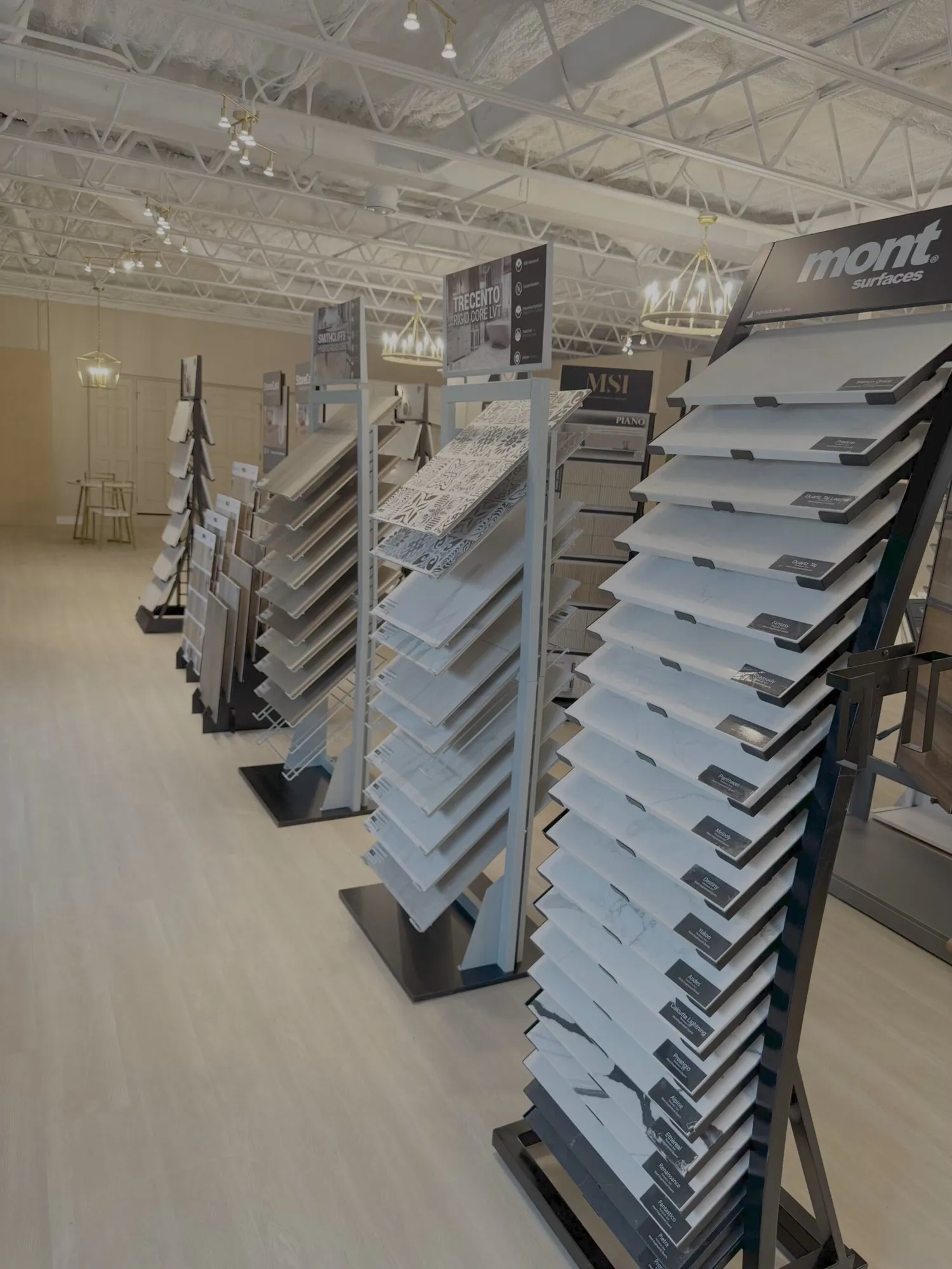 Countertop sample racks lined up at Steel Valley Showroom