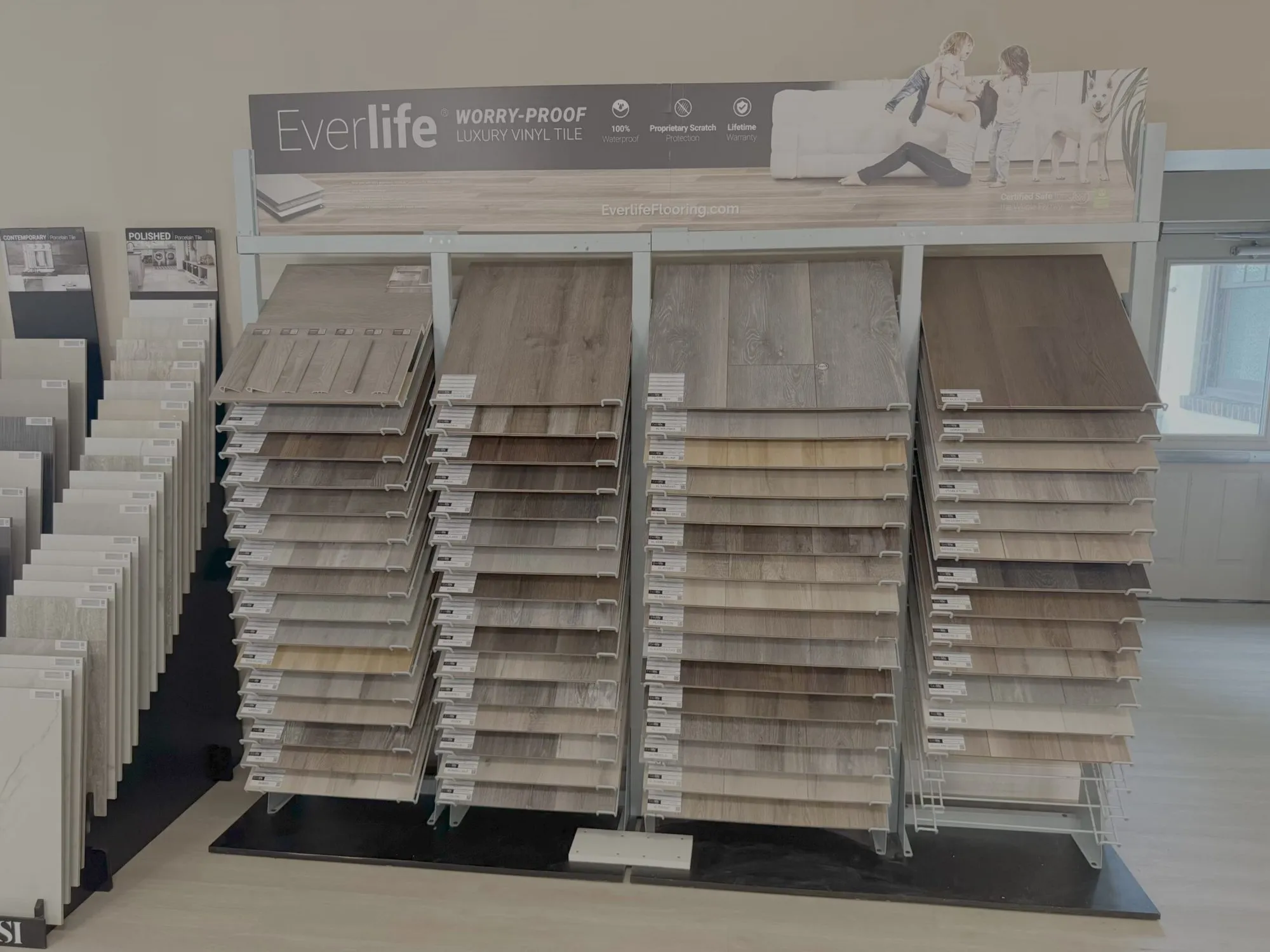 Wood-look flooring sample display at Steel Valley Showroom